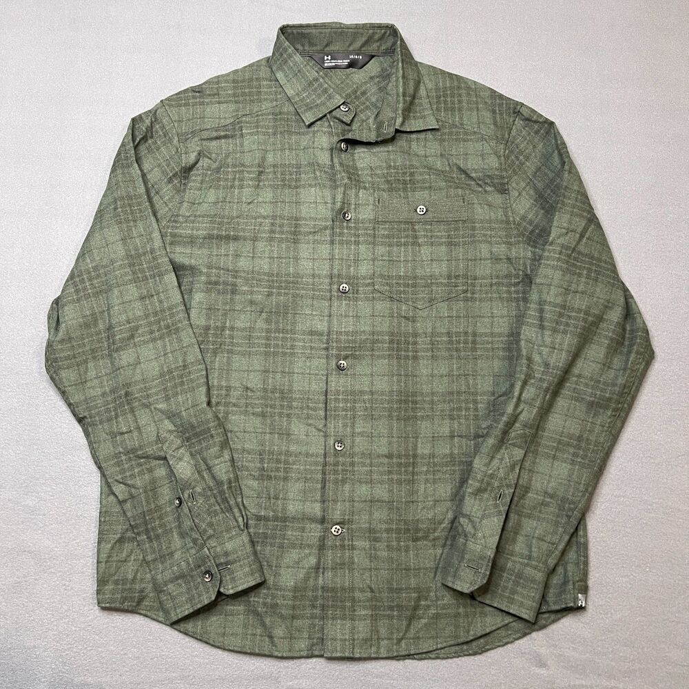 Under Armour Flannel Shirt Men Large Green Plaid Long Sleeve Loose Fit Button-Up